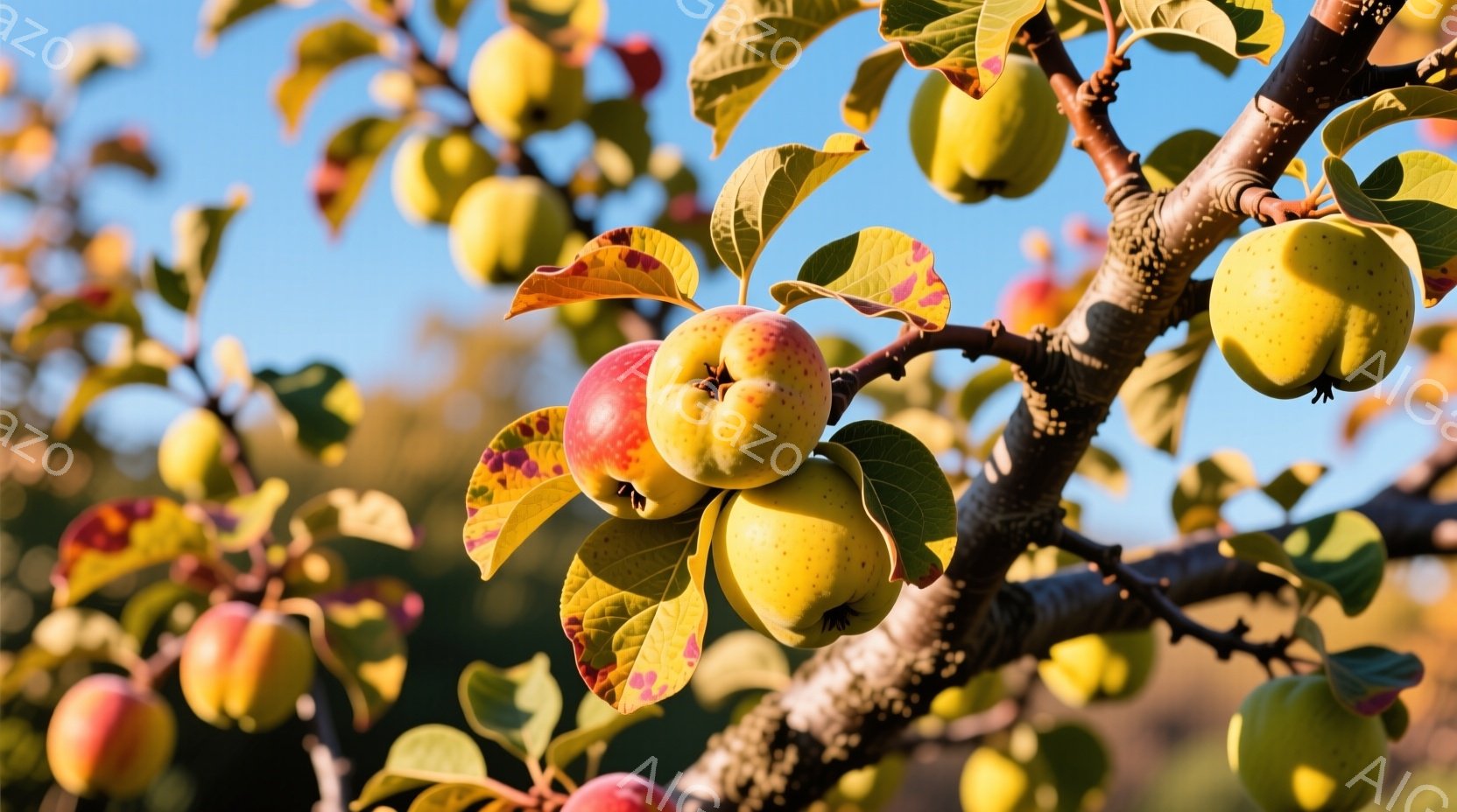 りんごの木に実った複数のリンゴが鮮やかに映し出されている。リンゴは赤や黄色、緑など様々な色合いで、葉は秋の色へと変わり始めている。背景は明るい青空で、穏やかな秋の日の暖かさと豊穣さを感じさせる。 - AI生成フリー素材