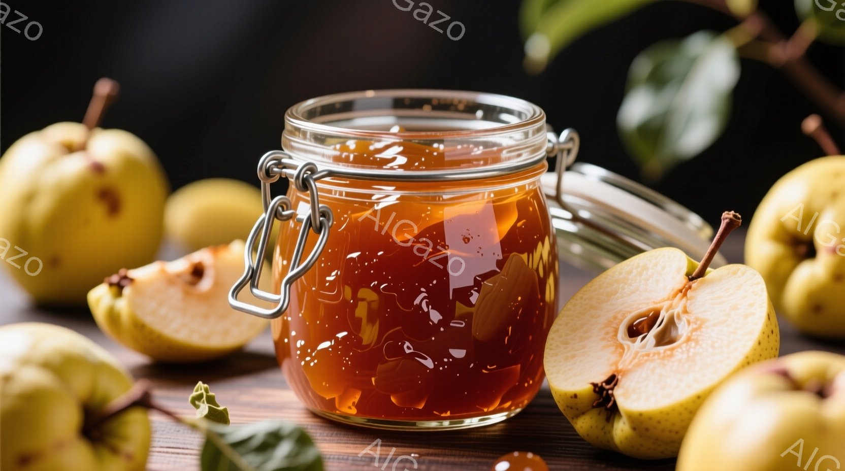 熟した梨と、梨で作られたジャムが詰まったガラス瓶がテーブルの上に置かれている。半分に切られた梨と、葉が添えられており、全体的に暖かく、秋の収穫を思わせる雰囲気である。背景は暗く、ジャムと梨の色が際立っ - AI生成フリー素材