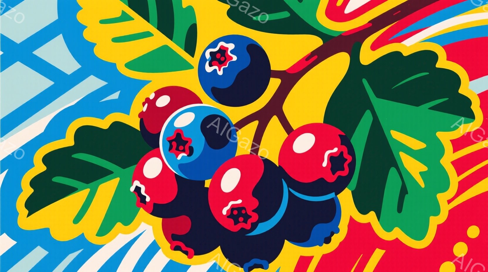 鮮やかな赤と青のベリーが、緑の葉の上に集まって描かれています。背景は青と黄色の波打つ線と円で構成され、全体的にポップで明るい印象を与えます。果物は丸みを帯びており、単純化されたデザインで、まるでイラス - AI生成フリー素材