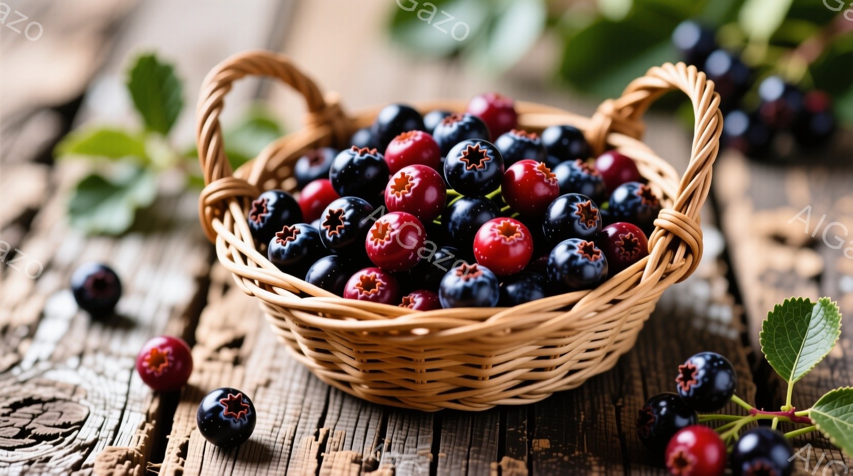 粗い木の板の上に、編まれたバスケットいっぱいの赤と黒のベリーが置かれています。ベリーは光沢があり、バスケットからいくつかこぼれ落ちています。背景の木材は古びた質感で、全体的に素朴で自然な雰囲気が漂っています。