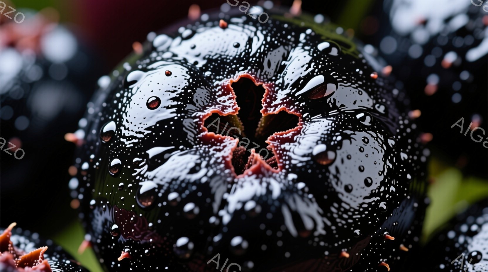 鮮やかな黒色の花が、雨粒に覆われている様子が捉えられています。花びらは深い赤色で、中心から放射状に広がっており、暗闇の中でひときわ際立っています。雨粒は花びらや茎に付着し、湿った光沢を放ち、重々しい雰囲気を作り出しています。