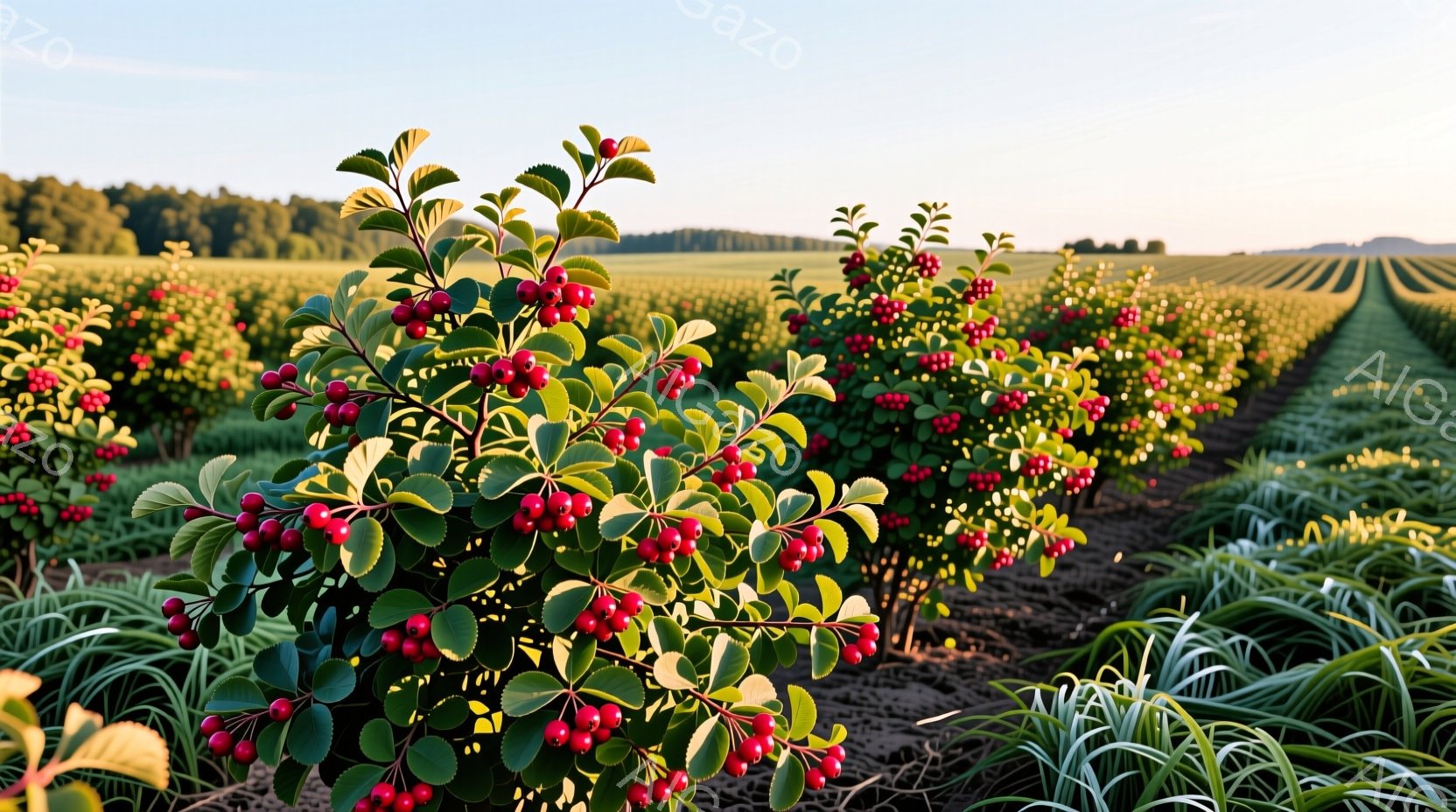 人物がありません。代わりに、果樹園の景色が表示されており、日差しの当たった範囲で映っています。背景は田舎風景で、小麦や野菜が生長しているように見えます。画像全体としては、自然の美しさを強調した瞬間を捉えた写真となります。