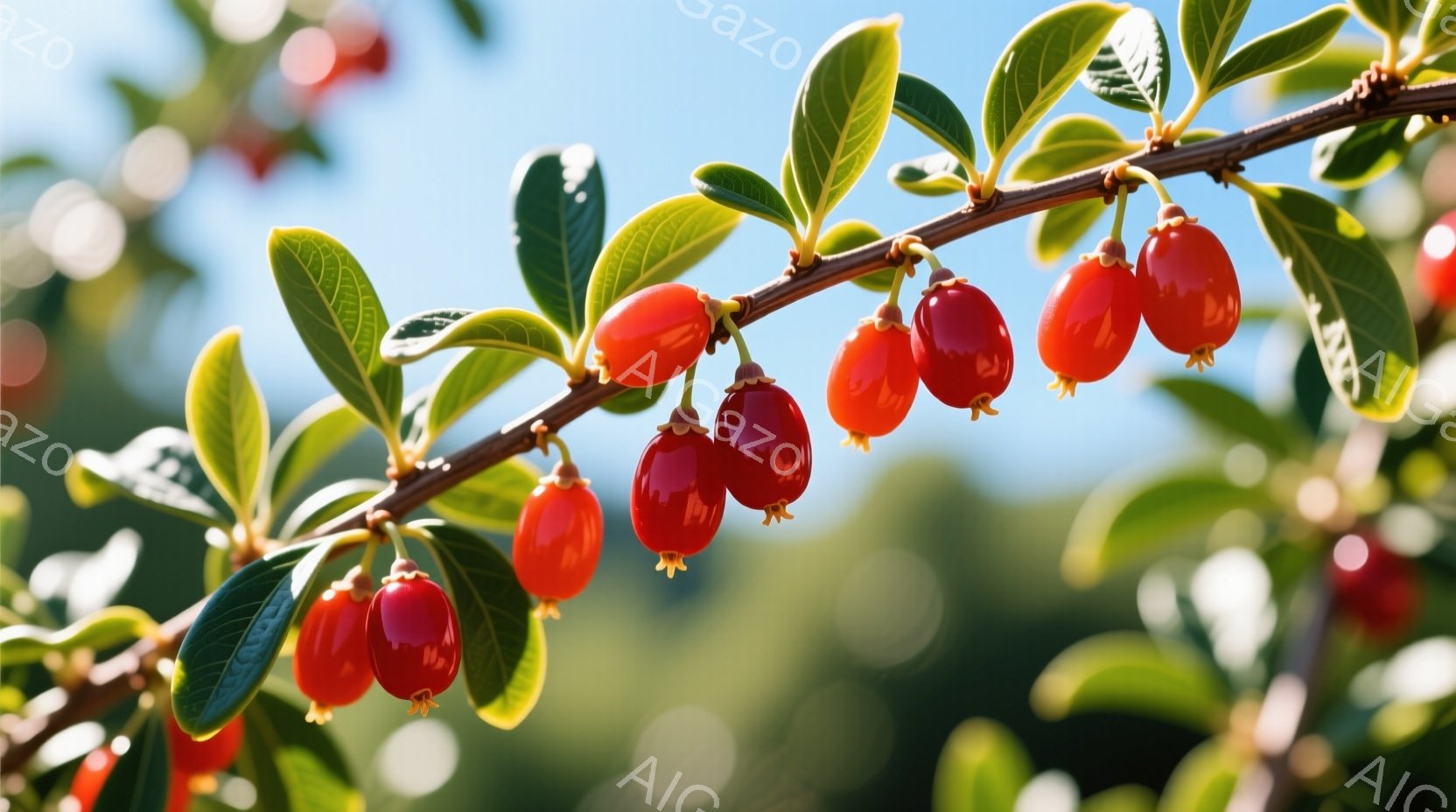 鮮やかな赤い実が枝に連なってぶら下がっており、緑の葉とのコントラストが美しいです。背景は空が青く、天気が良いことを示しています。全体的に、自然の恵みと穏やかな雰囲気が感じられる写真です。 - AI生成フリー素材