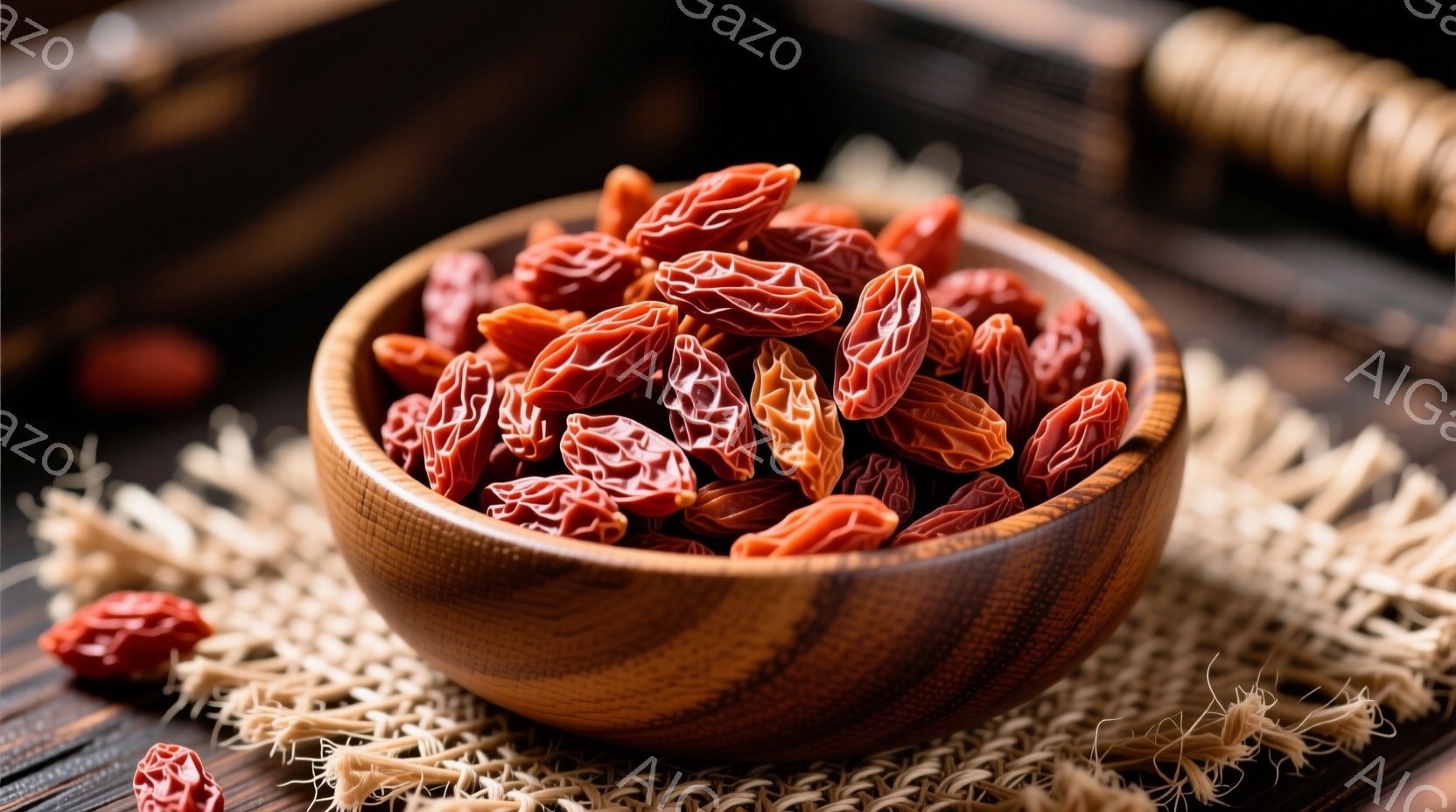 濃い茶色の木製ボウルに、しわくちゃで乾燥した赤い実がたっぷり入っています。ボウルは、粗い藁のような敷物の上に置かれており、背景は暗い木目で、全体的に温かく素朴な雰囲気です。乾燥させたナツメの自然な色合 - AI生成フリー素材