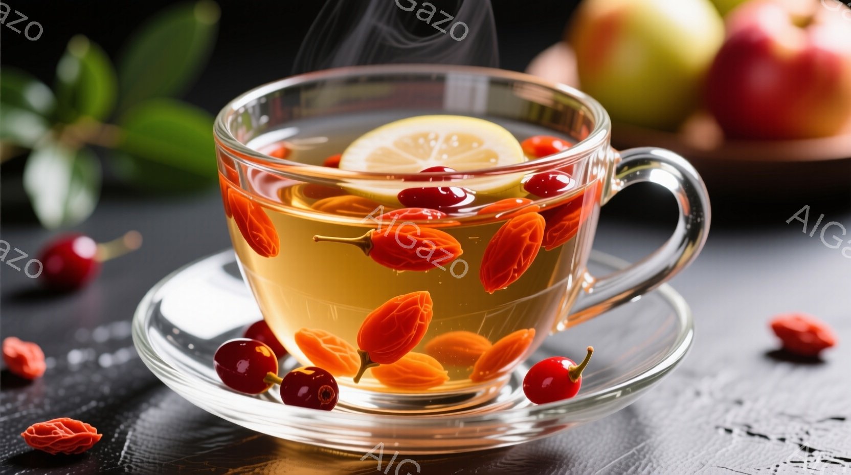 透明なティーカップとソーサーに、温かいハーブティーが注がれており、中にはスライスされたレモンと鮮やかなオレンジ色の実が入っています。背景は暗いグレーで、左側には赤い実と葉、右側にはリンゴがぼんやりと見え、全体的に落ち着いた、健康的な雰囲気を醸し出しています。湯気が立ち上り、温かさを感じさせる、秋や冬の静かな時間を示唆する画像です。