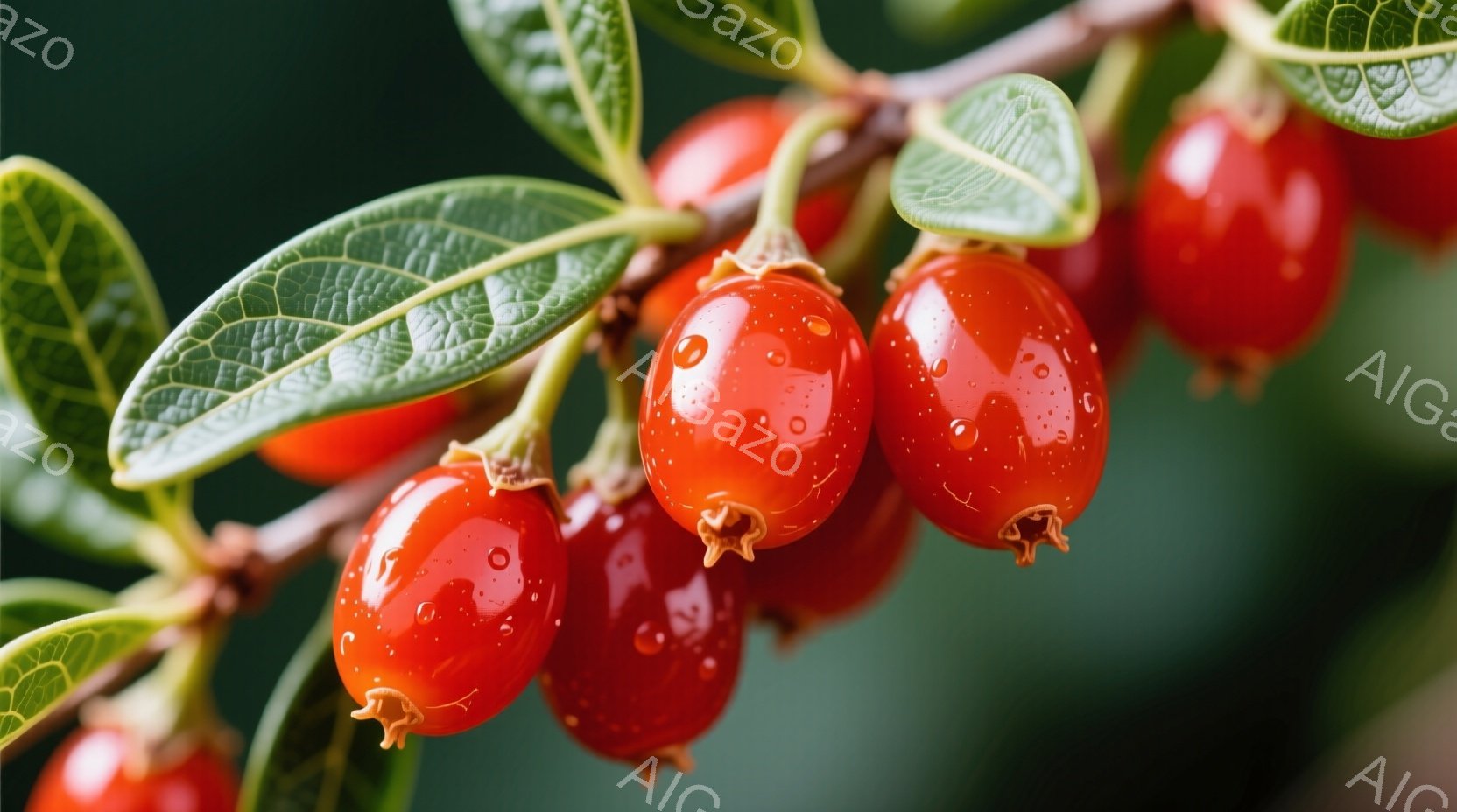 鮮やかな赤い実が枝に密集してぶら下がっているクローズアップ写真です。葉は濃い緑色で、実の周りを彩り、湿った質感がわずかに見られます。背景はぼやけており、自然な緑色で、全体的に秋の自然の美しさを表現して - AI生成フリー素材