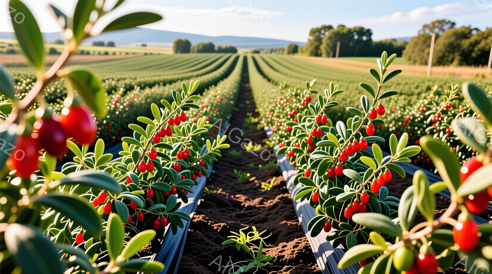 広大な畑に赤い実をつけた低木が整然と並び、遠くには緑豊かな丘陵地帯が広がっています。黒いマルチフィルムが敷かれた畑は、規則正しい列状に実をつけた低木で埋め尽くされ、鮮やかなコントラストを生み出していま - AI生成フリー素材