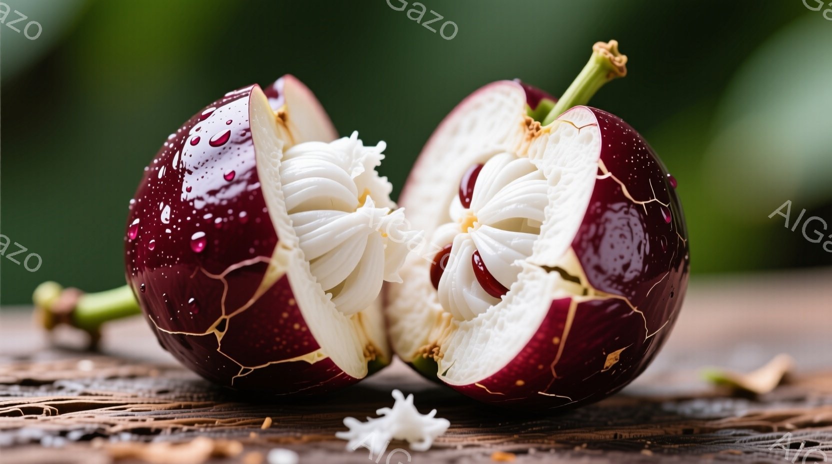 濃い紫色をしたマンゴスチンの断面が、茶色の木製の背景に置かれています。果肉は白く、細い房状の構造をしており、水分を含んで輝いています。背景はぼやけており、自然光が当たっていることから、屋外または自然な環境で撮影された写真であることがわかります。