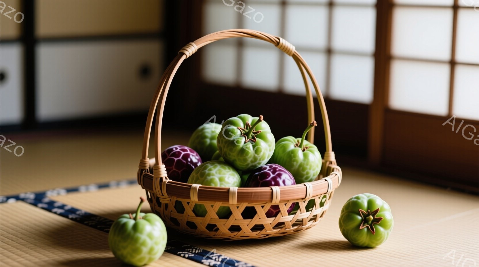 畳の上に、編み込まれた竹籠が置かれ、中に緑と紫色のスターアップルが並んでいる。籠の周りにもいくつかスターアップルが転がっており、自然光が差し込む和室の穏やかな雰囲気を醸し出している。背景には障子窓が見え、静かで落ち着いた空間を演出している。