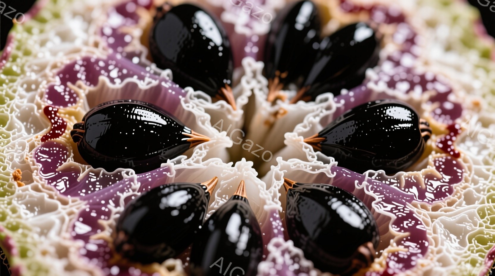 鮮やかな紫と白の縞模様を持つ植物の断面のクローズアップです。中心には、黒く光沢のある種子が放射状に配置されており、繊細な白い縁取りが特徴的です。全体的に、神秘的で生物学的な美しさを感じさせる、独特な雰 - AI生成フリー素材