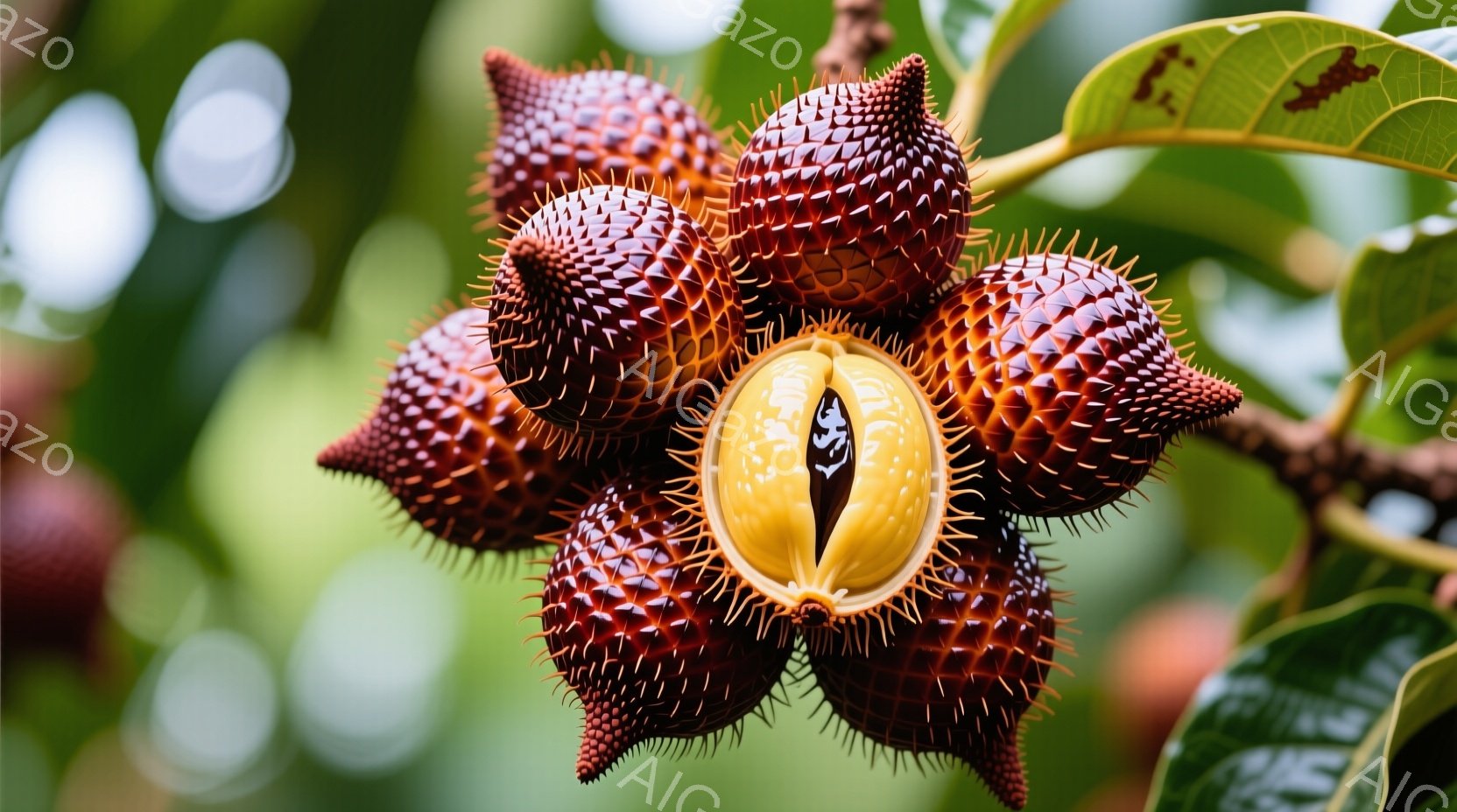 鮮やかな赤色の棘状の突起を持つ奇妙な花が、茶色の中心部を覗かせるように咲き誇っている。背景には緑豊かな葉が茂り、明るい光が差し込み、花を引き立てている。全体として、異国情緒にあふれ、どこか不気味な雰囲気の植物写真である。
