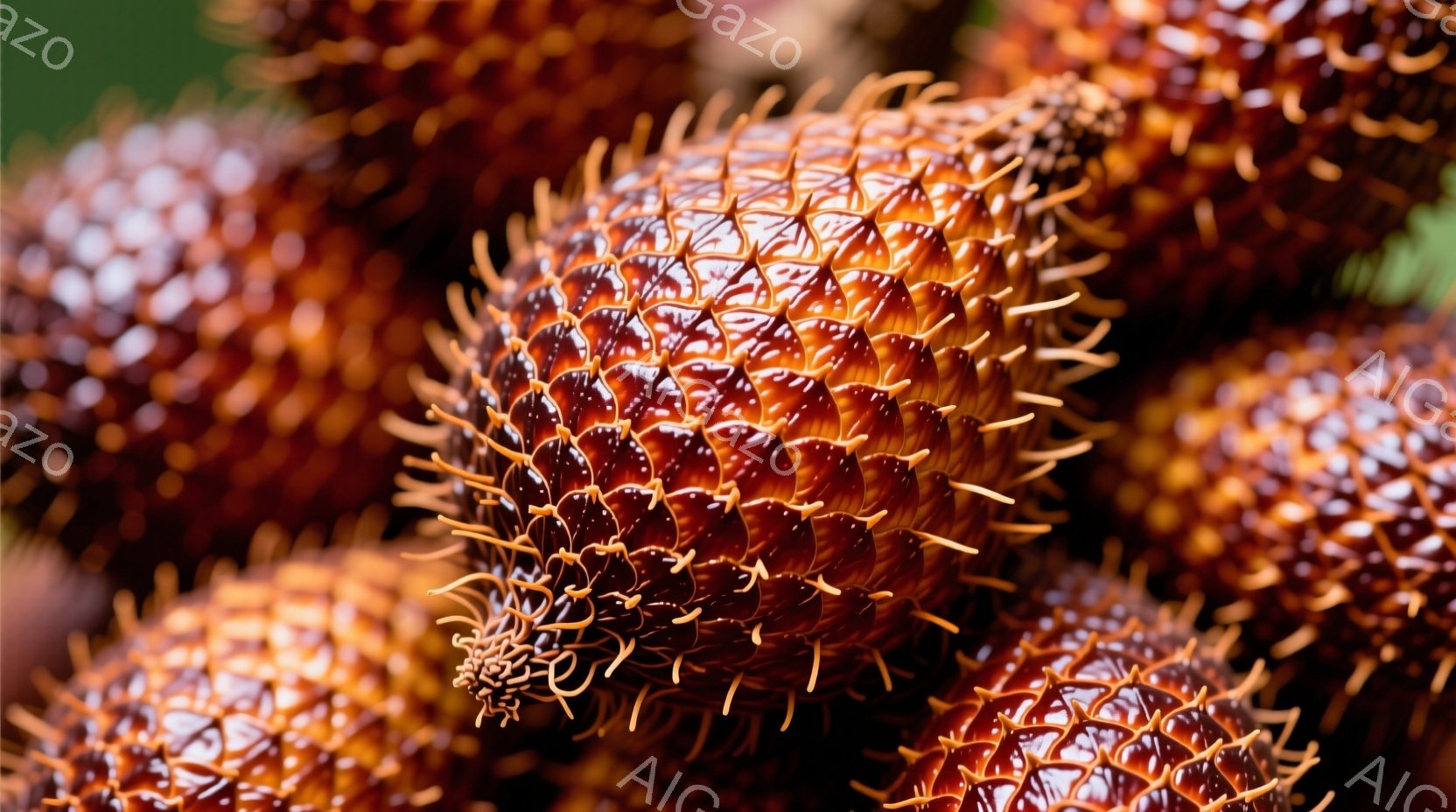 鮮やかな赤褐色の棘が密集したドリアンが画面いっぱいに広がっています。果実の表面は細かい鱗のような模様で覆われ、強い光沢を帯びています。背景には他のドリアンがぼんやりと見え、全体的にエキゾチックで食欲をそそる雰囲気を醸し出しています。