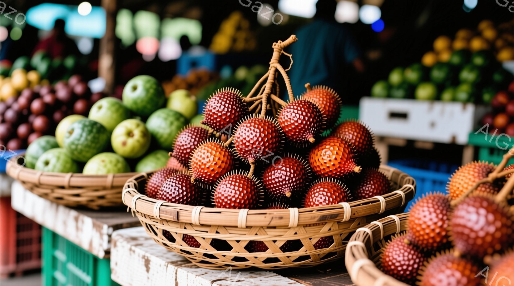 籠に盛られたシャリシャリとした赤い果物、おそらくランブータンが印象的です。背景には、さまざまな色の果物が並べられた籠が積み重ねられ、活気のある市場の雰囲気が伝わってきます。籠や果物のテクスチャがはっき - AI生成フリー素材