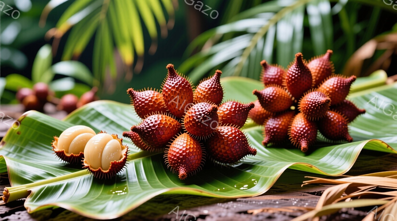 鮮やかな緑色の大きな葉の上に、特徴的なトゲのある赤い果実がいくつか置かれています。そのうちの一つは半分に割れており、中身が見えることで、果実の食感や内部構造が伺えます。背景には、ぼやけた緑の植物が見え、自然豊かな雰囲気を醸し出しています。