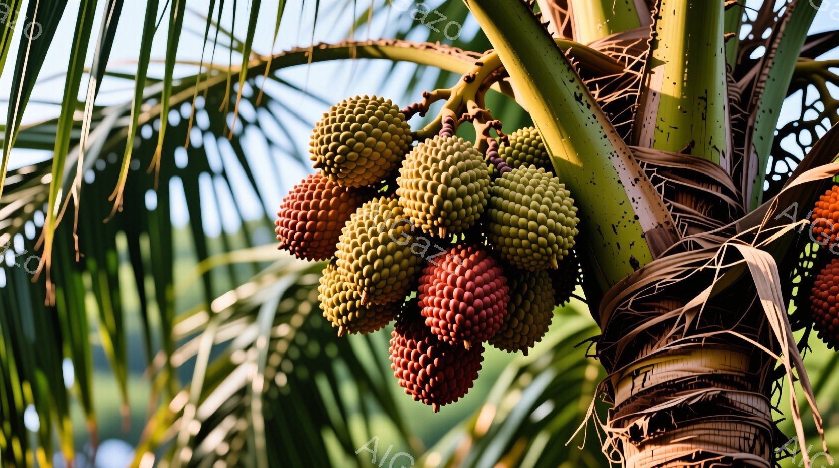 ヤシの木の幹に実った複数の赤い実が写っている。実たちは密集して房状になっており、未熟な緑色の実から熟した濃い赤色の実へとグラデーションが見られる。背景は緑豊かな植物で、日差しが差し込み、熱帯の自然を感じさせる雰囲気である。