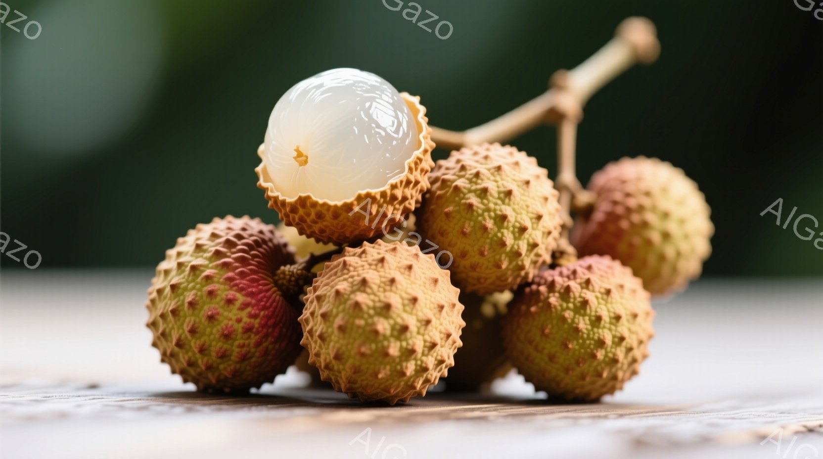 鮮やかな赤色の外皮を持つライチが、木製のテーブルの上に集まって並んでいます。一つは皮がむけて白い果肉が露出し、瑞々しさが感じられます。背景はぼかされており、自然光の下、ライチのテクスチャと色が際立って - AI生成フリー素材