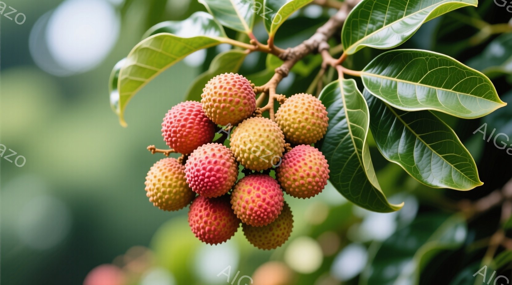 鮮やかな赤と黄色のライチの実が、緑の葉に囲まれて枝にぶら下がっています。果実は丸みを帯びており、表面は小さな突起で覆われています。背景はぼやけた緑色で、ライチの鮮やかな色が際立っています。