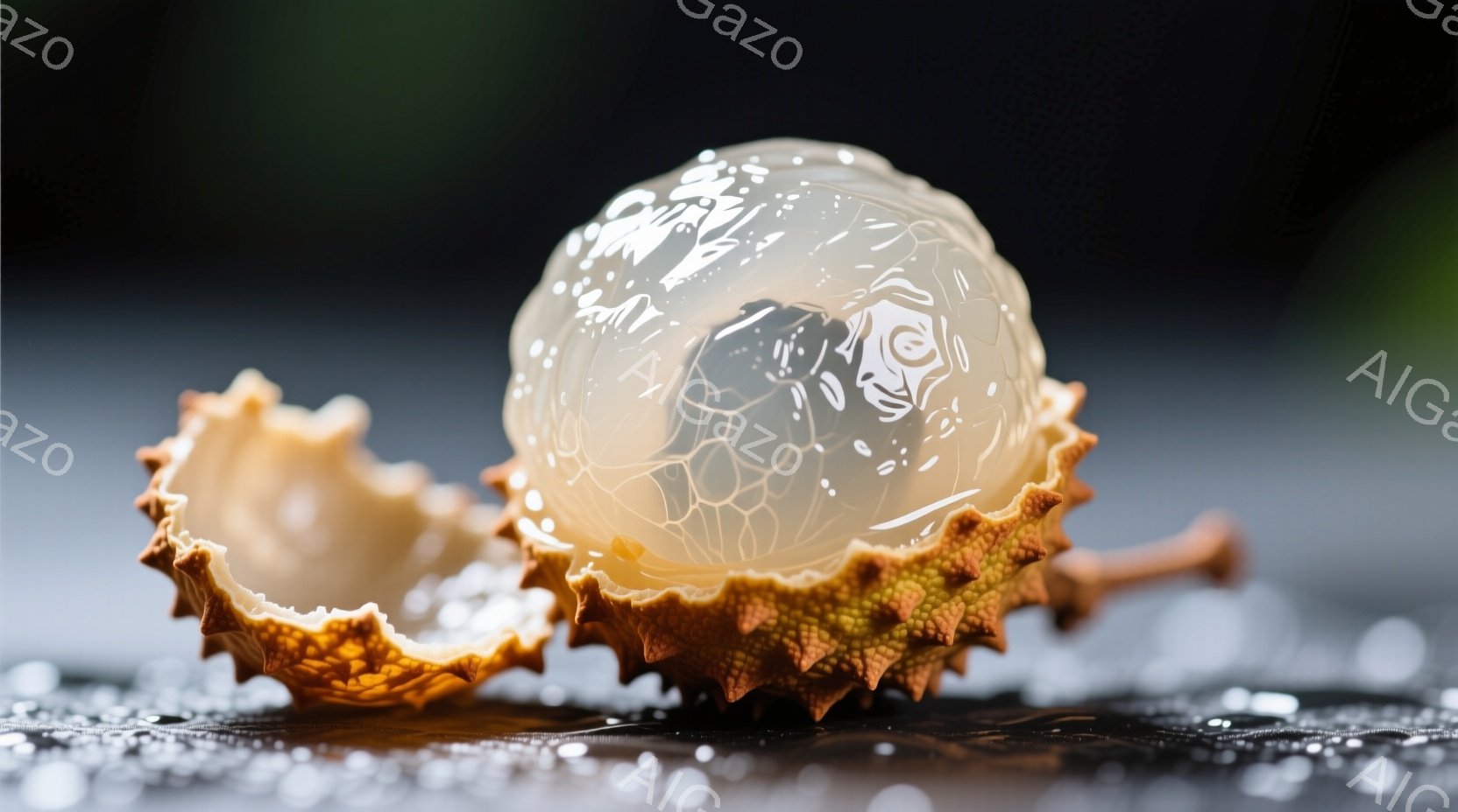 熟したライチが割れて、白い果肉が露わになっているクローズアップ写真です。割れた外皮は茶色でゴツゴツとした質感があり、果肉は半透明で、内部の構造がわずかに見えます。背景には水滴が散りばめられ、全体的にしっとりとした、フレッシュな雰囲気を醸し出しています。