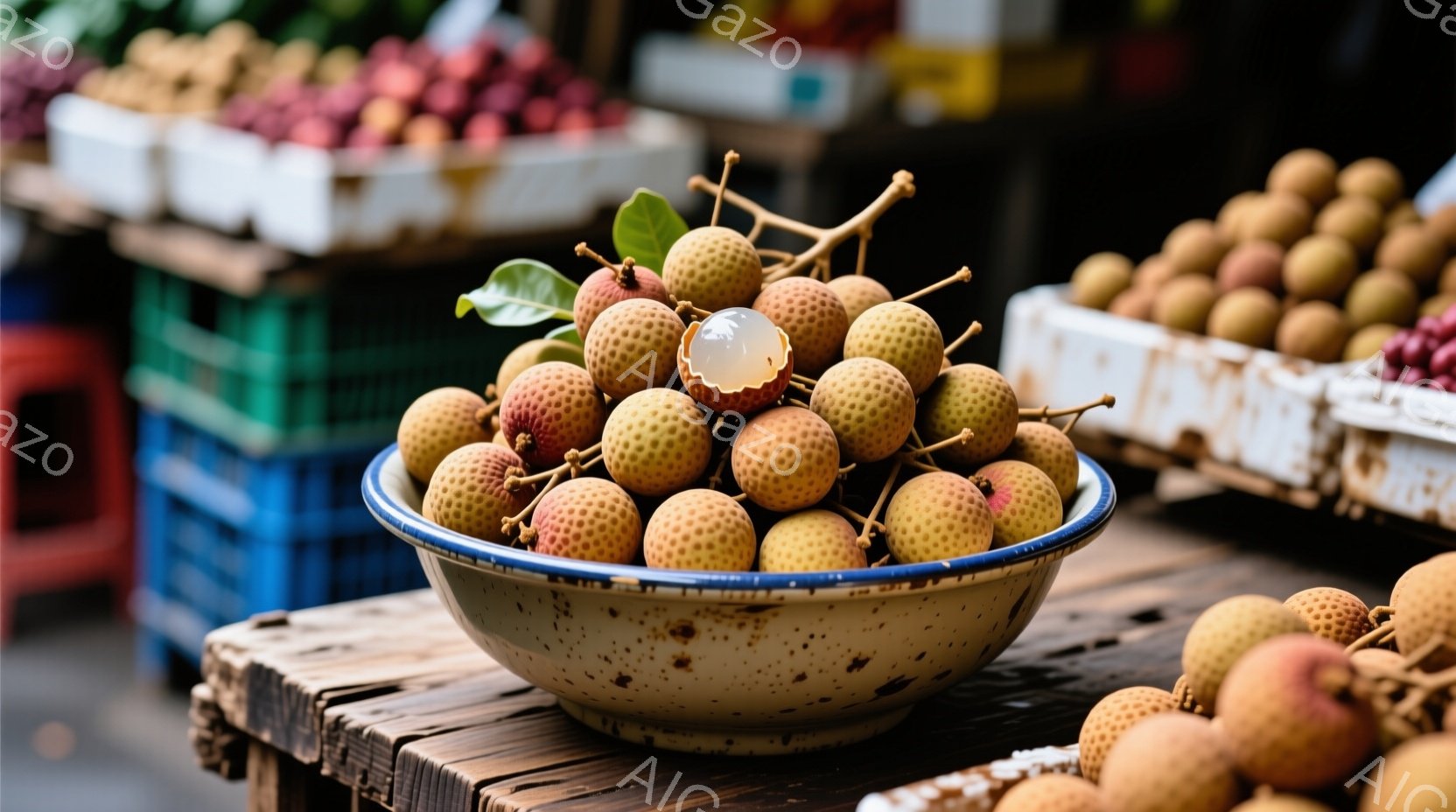 鮮やかな赤い縁取りのあるクリーム色のボウルに、ライチが山のように盛られています。ライチは、茶色と黄色のまだら模様で、実の一部が剥がれて白い果肉が覗いています。背景には、他のライチが積まれた箱が見え、市場や屋台のような、活気ある雰囲気が感じられます。