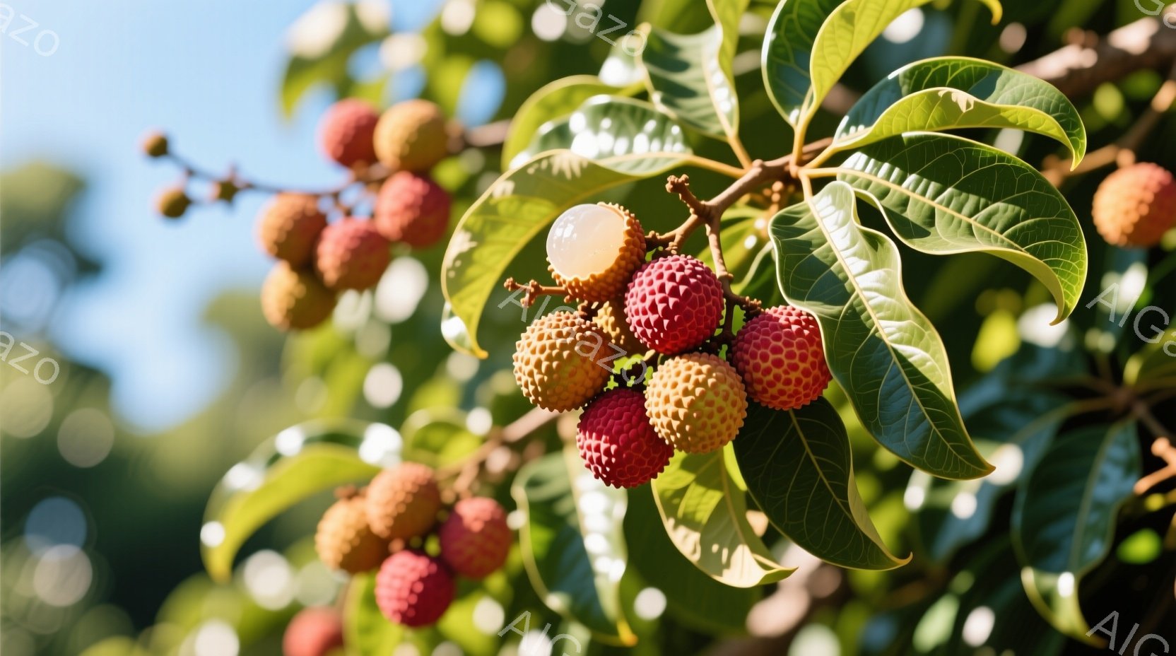 鮮やかな赤いライチの実が、緑の葉に囲まれて密集してぶら下がっている。背景は明るい青空と他のライチの木々で、葉の緑と果実の赤色が際立っている。全体的に、夏の太陽光の下で育つライチの豊穣さを捉えた、自然で - AI生成フリー素材