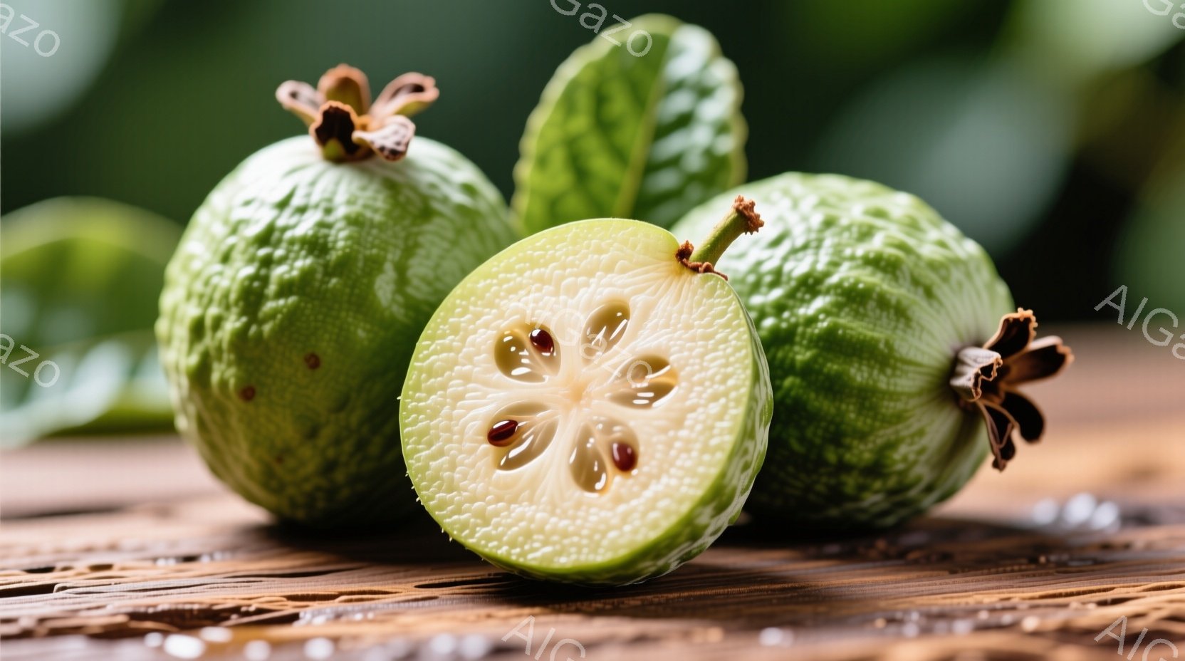 茶色の木製の背景に、アノンの果物がいくつか配置されています。ひとつは丸く、表面には特徴的な凹凸があり、もうひとつは半分に切られており、白い果肉と小さな黒い種が見えます。全体的に、自然で落ち着いた雰囲気が漂っています。