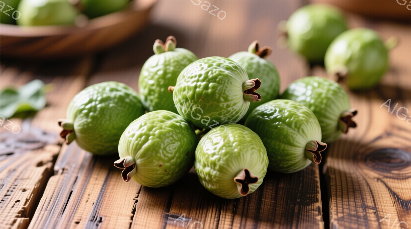 鮮やかな緑色のノニの実が2つ、ベージュ色のテーブルの上に並んでいます。一つは丸く全体が写っており、もう一つは半分に切られて中の白い果肉と黒い種が見えています。背景はぼやけていますが、緑色の植物が少し見 - AI生成フリー素材