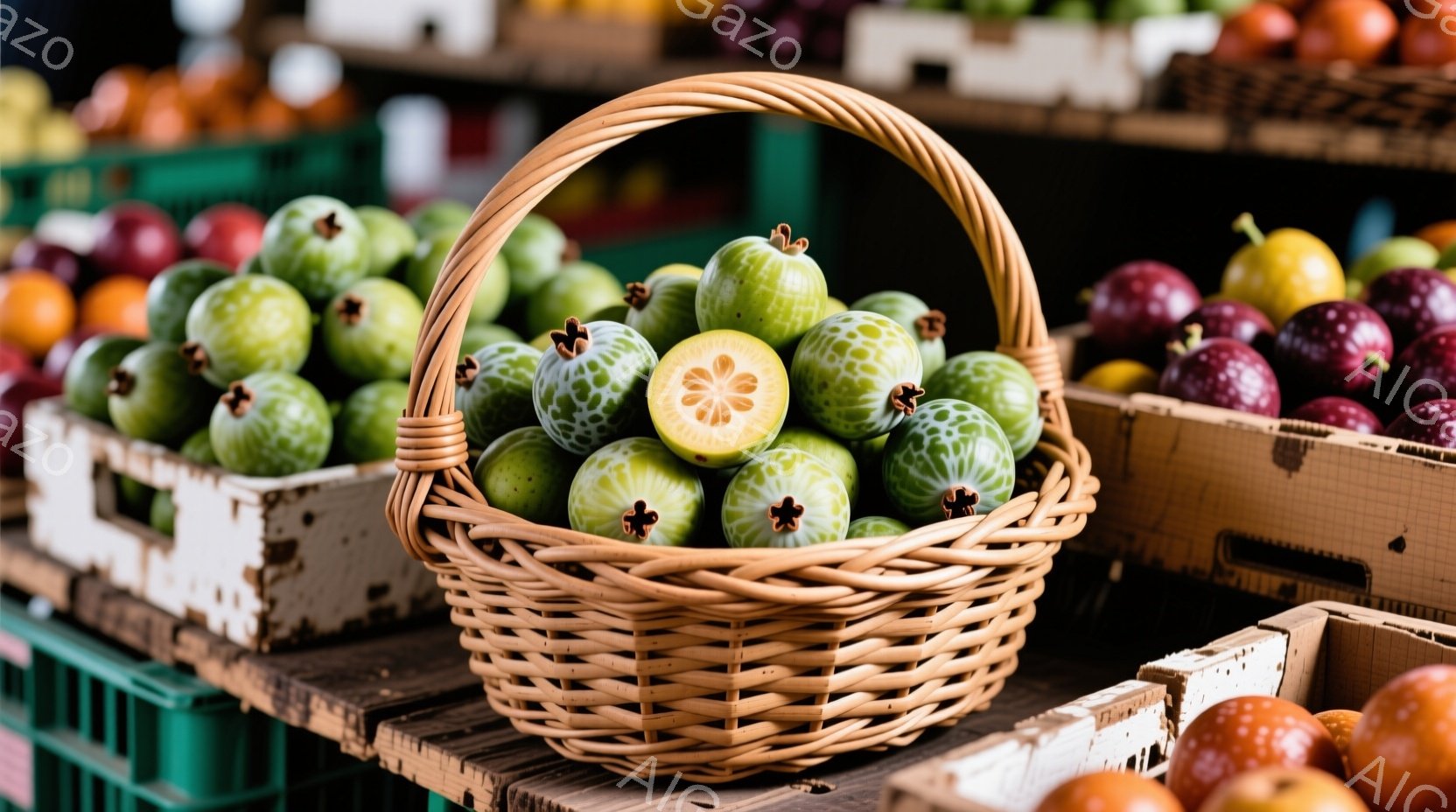 籠には、緑色と黄色の縞模様が特徴的なフェイジョアという果物が大量に入っています。果物のいくつかには、青い花のような模様が見られ、籠の周りや、背景にあるプラスチックケースに入った他の果物（オレンジ、紫色 - AI生成フリー素材