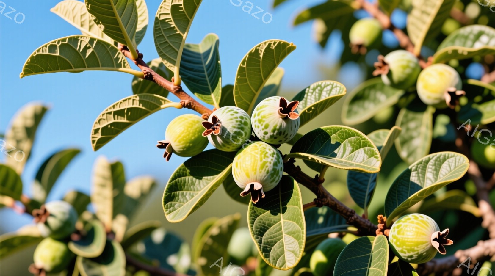 鮮やかな青空を背景に、グアバの木とその実が写っている。グアバは緑と黄色のまだら模様で、葉は光沢のある深い緑色をしている。全体的に、太陽の光が差し込み、自然の豊かさを感じさせる穏やかな雰囲気である。 - AI生成フリー素材