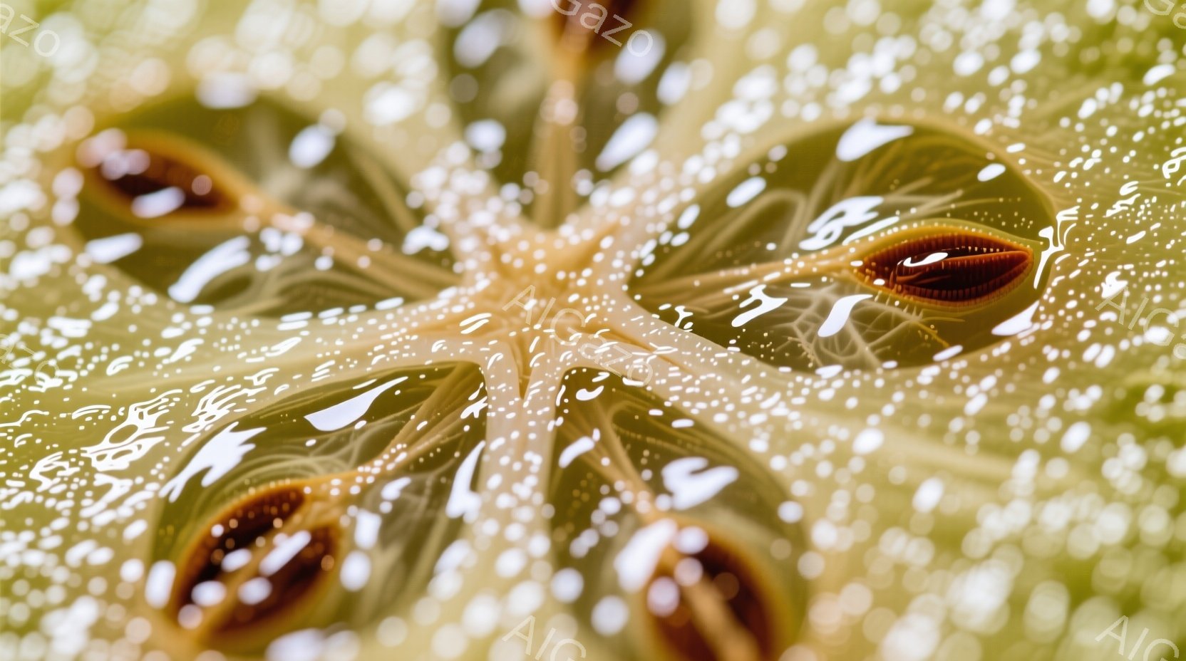 鮮やかな緑色の海中にいると思われるクラゲのクローズアップ写真です。クラゲの半透明の体は、細かい白い斑点に覆われており、光が透過して幻想的な雰囲気を醸し出しています。内部構造がわずかに見え、内部の茶色い部分がアクセントとなっています。