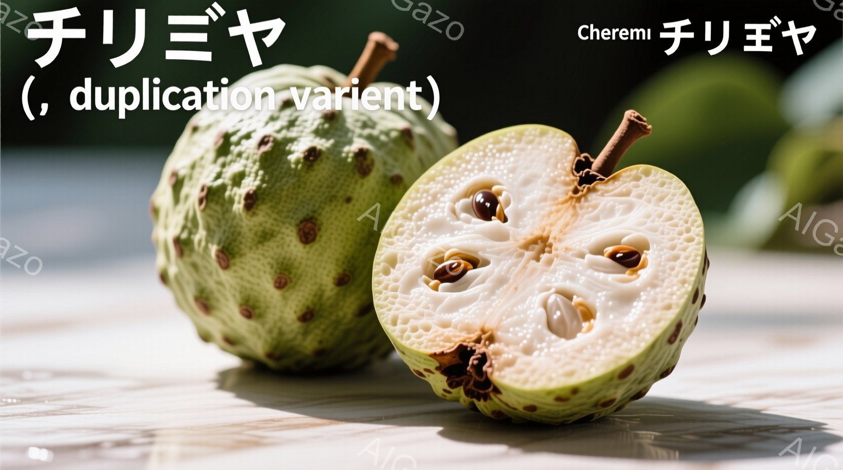 鮮やかな緑色の、いぼいぼした表面を持つアノンの果実が2つ写っています。一つは丸い形をしたまま、もう一つは半分に切られて、白い果肉と黒い種が露わになっています。背景はぼやけていますが、自然光の下で撮影された、穏やかで静かな雰囲気の写真です。