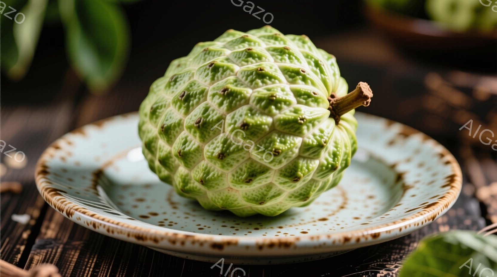 鮮やかな緑色のガイバノキの実が、茶色と水色の縁取りが施された皿に乗っています。背景は木製のテーブルで、他のガイバノキの実がぼやけて写っており、全体的に自然で素朴な雰囲気が漂います。実の表面は多くの突起があり、独特のテクスチャが強調されています。