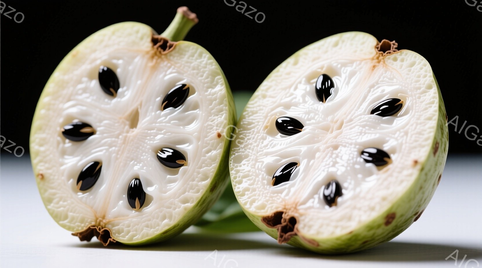 鮮やかな緑色の釈迦頭（しゃかとう）が2つ、切断された断面を見せて並んでいます。白い果肉には黒い種子がぎっしりと詰まっており、果肉の質感と種子のコントラストが印象的です。背景は白っぽいテーブルトップで、 - AI生成フリー素材