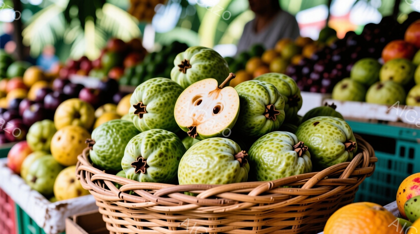 籠には星型の突起がある緑色の果物、アノナ（番荔枝）がたくさん入っています。そのうちの一つは半分に切られており、果肉の色が確認できます。背景には他の果物や、緑豊かな植物が見え、活気のある市場の雰囲気が伝わってきます。