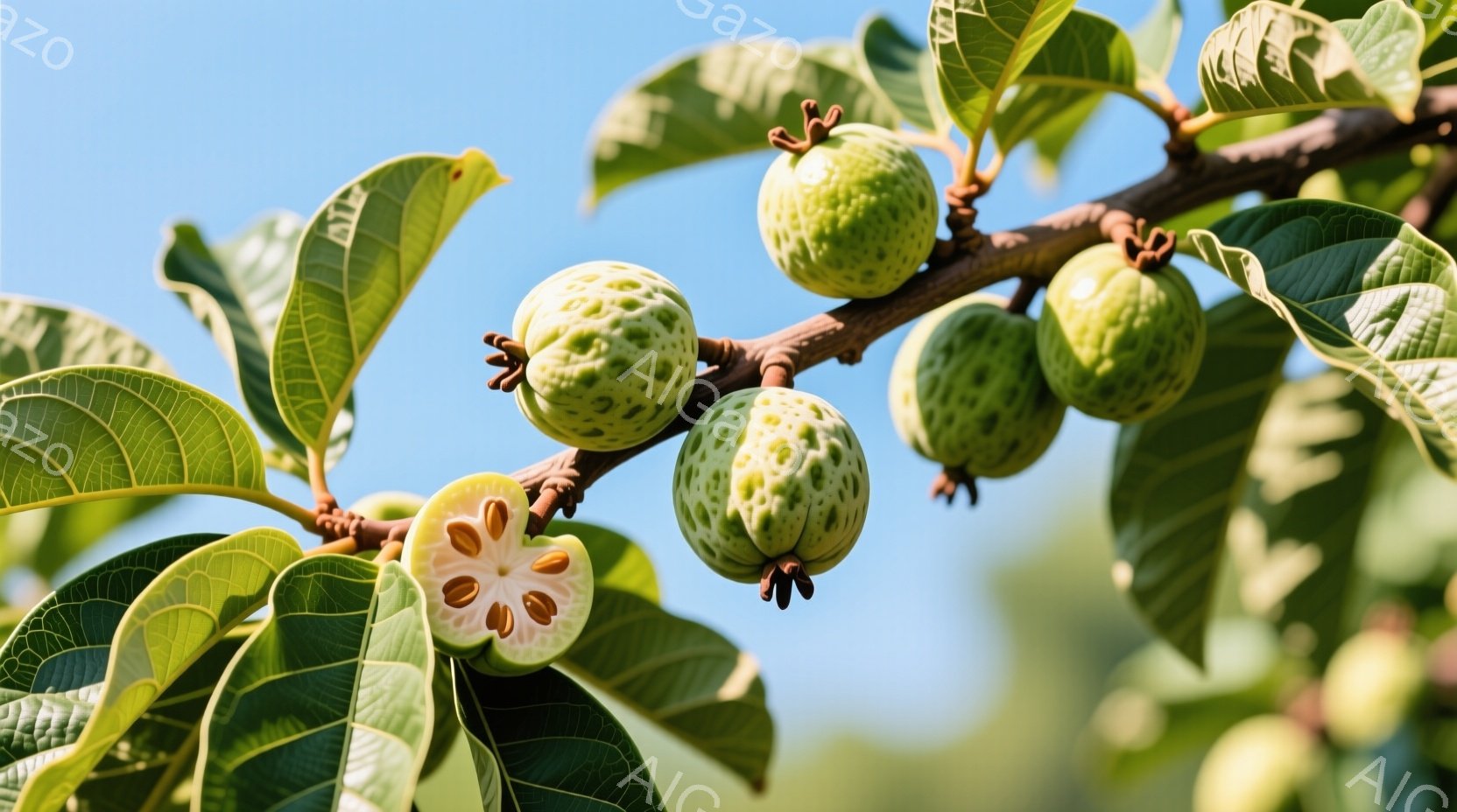 鮮やかなオレンジ色のジュースがグラスに注がれ、ストローが挿されています。背景には、星形にカットされたカリババオ（スターフルーツ）、りんご、そして紫色の果物がバスケットに盛られており、木製のテーブルの上に置かれています。全体的に、明るく健康的で、爽やかな夏の雰囲気を感じさせます。