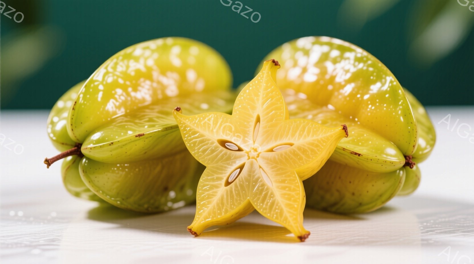 星形にカットされたカルスターフルーツと、いくつかそのままのカルスターフルーツが白い表面に置かれています。フルーツは鮮やかな黄色と緑色をしており、表面はわずかに光沢があります。背景はぼやけた緑色で、フルーツが際立っています。