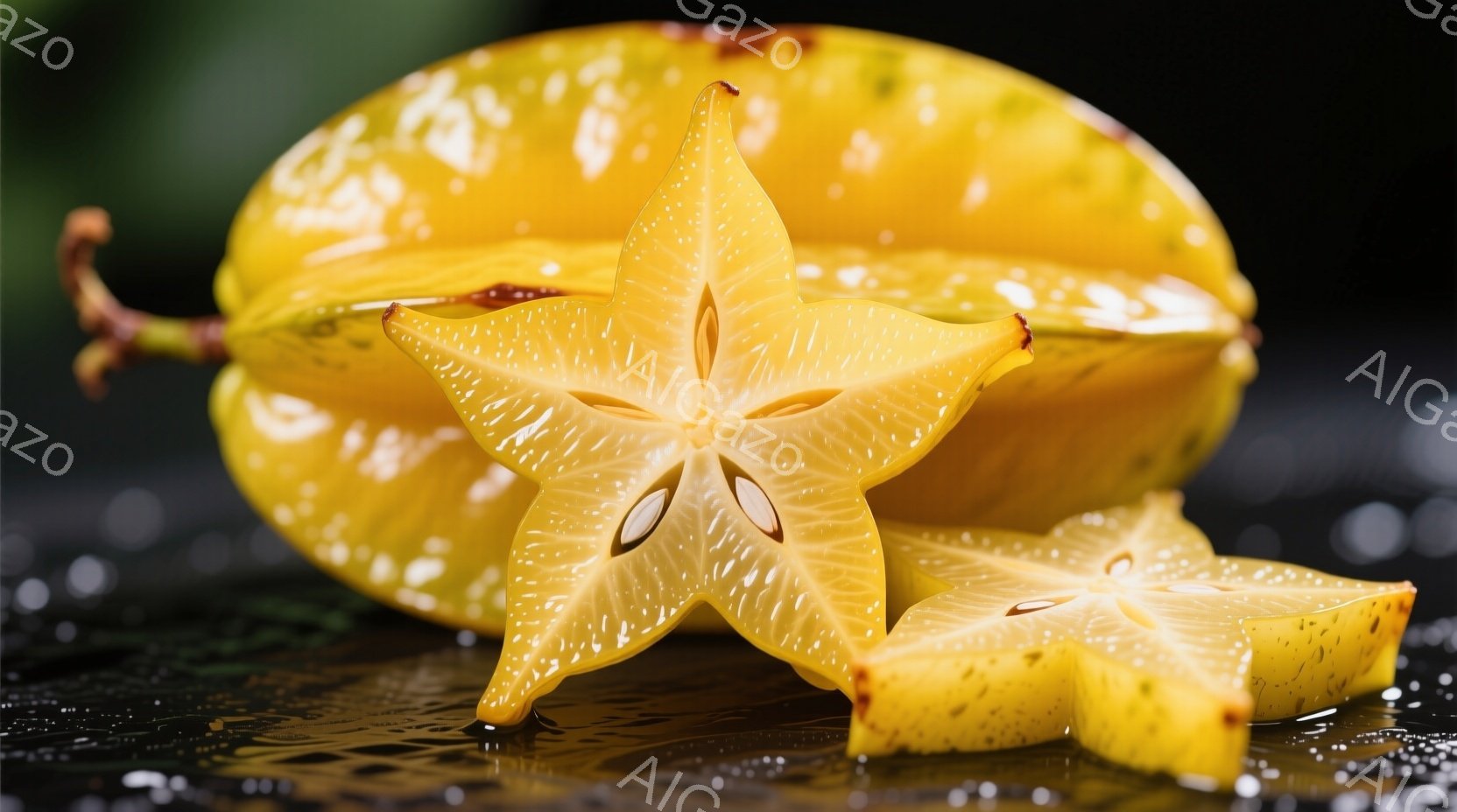 鮮やかな黄色の星型フルーツ、スターフルーツが３つ、黒い光沢のある表面の上に置かれています。一つは半分にカットされており、星形の中央部分がはっきりと見え、種子が確認できます。背景は暗く、フルーツの鮮やか - AI生成フリー素材