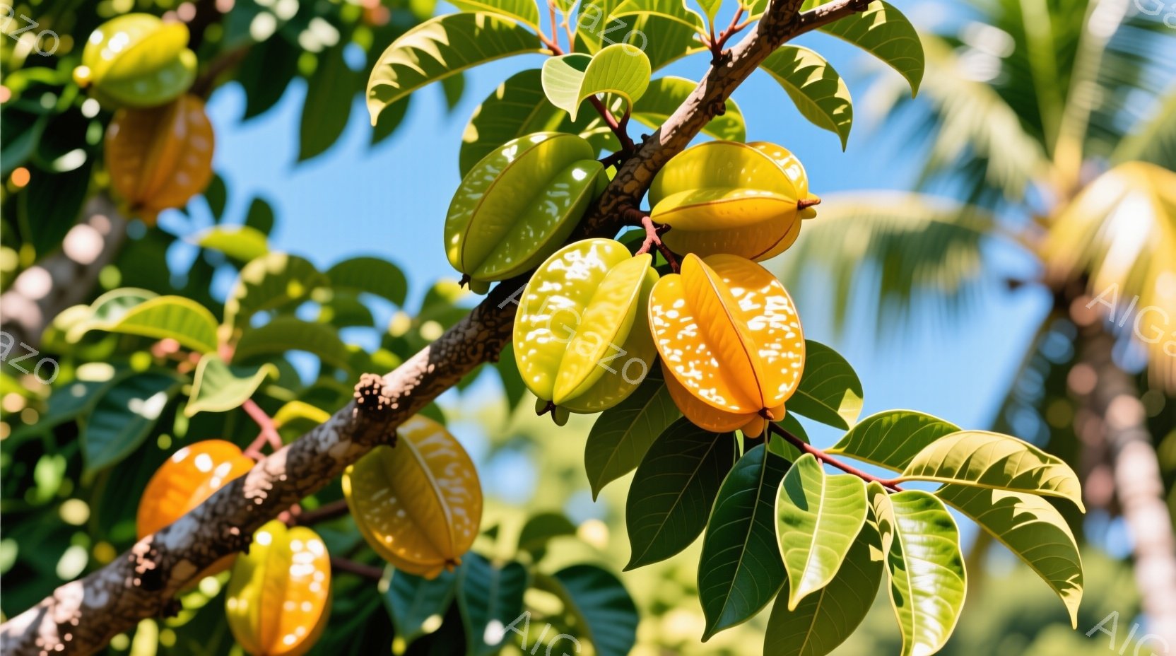 鮮やかなオレンジと黄色の星形をしたカルスターフルーツが、緑の葉に囲まれた木の枝に実っています。背景には青空が見え、わずかに他の植物の緑が確認できます。全体的に、南国の明るく温暖な雰囲気を感じさせる画像 - AI生成フリー素材