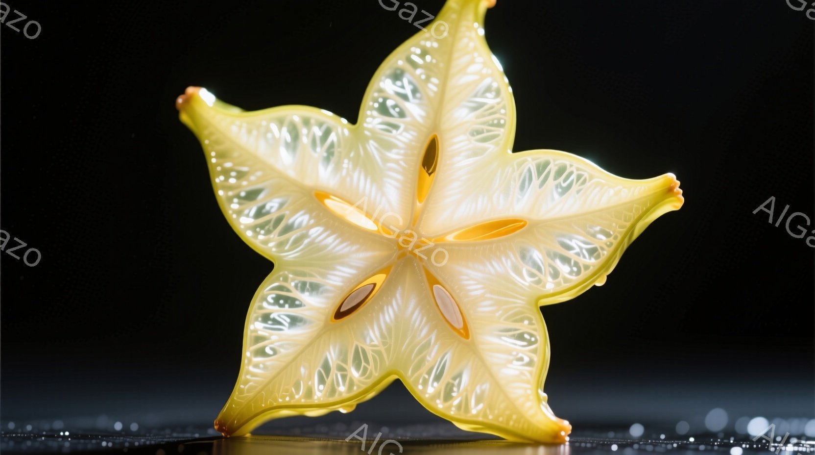 スライスされたスターフルーツが、黒い反射面の上に鮮やかに浮かび上がっている。果肉は半透明で繊細な網目状の模様を持ち、種子が中心に配置されている。背景は暗く、反射面にぼんやりとした光の点が散りばめられ、フルーツが際立つように強調されている。