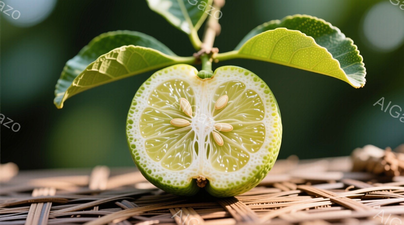 鮮やかな緑色のユズが半分にカットされ、その断面が詳細に映っている。ユズの種が星のように配置され、その周囲には果肉の美しい模様が広がっている。背景は竹細工のようであり、全体的に自然で爽やかな印象を与える。