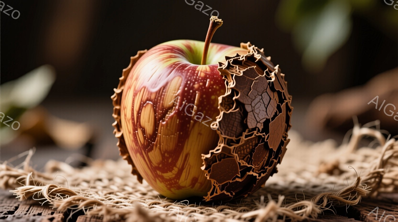 鮮やかな赤と緑が混ざり合ったリンゴが、剥がれかけた皮を伴って中央に配置されている。リンゴの周囲には、乾燥した藁のような素材が敷き詰められ、背景は暗い木製の質感がぼやけて見える。全体的に、秋の収穫や自然の衰退を暗示する、素朴で落ち着いた雰囲気を醸し出している。