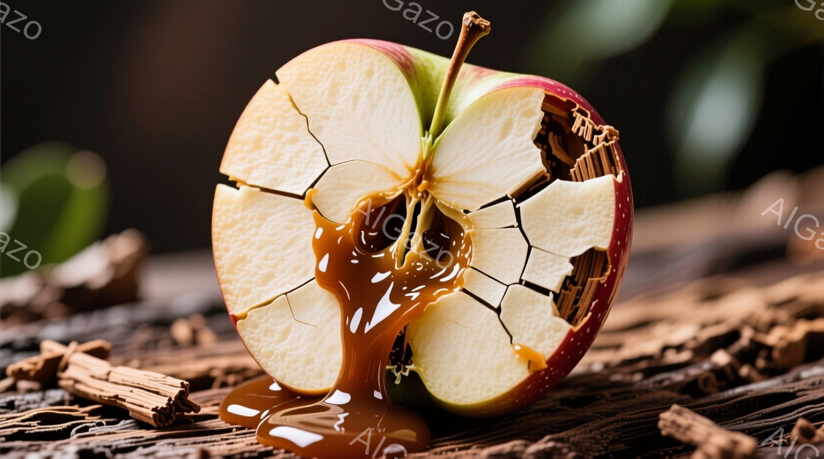 鮮やかな赤いリンゴが半分に割れ、中からキャラメルソースのような甘い液体が流れ出ている様子が写っている。リンゴの周りには、木製の質感の粗い板と細長い棒状のオブジェクトが散りばめられており、甘くて温かみの - AI生成フリー素材