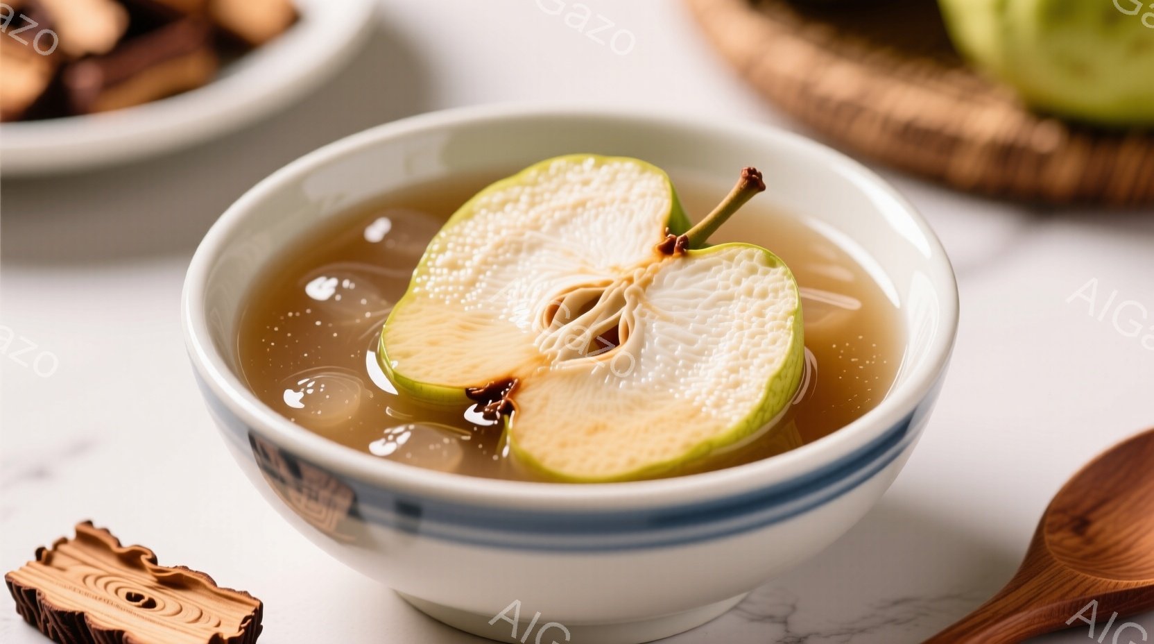 白いストライプが入った器の中に、半分に切られた梨が浸かっている様子が写っている。梨は薄い茶色の液体に浸されており、表面には小さな気泡が見える。背景には木のスプーンと、別の梨がわずかに写っており、全体的に落ち着いた暖かさを感じる写真である。