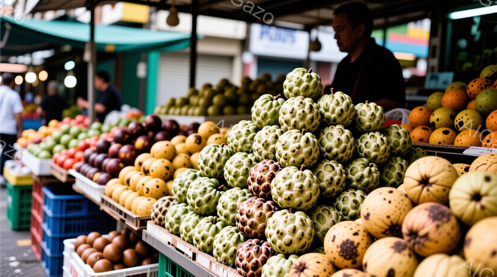 色とりどりの熱帯 фрукты が山のように積み上げられた 市場 の様子が写っている。背景には、黒いシャツを着た男性が立っており、少し影になっているが、表情ははっきりしない。鮮やかな фрукты と - AI生成フリー素材