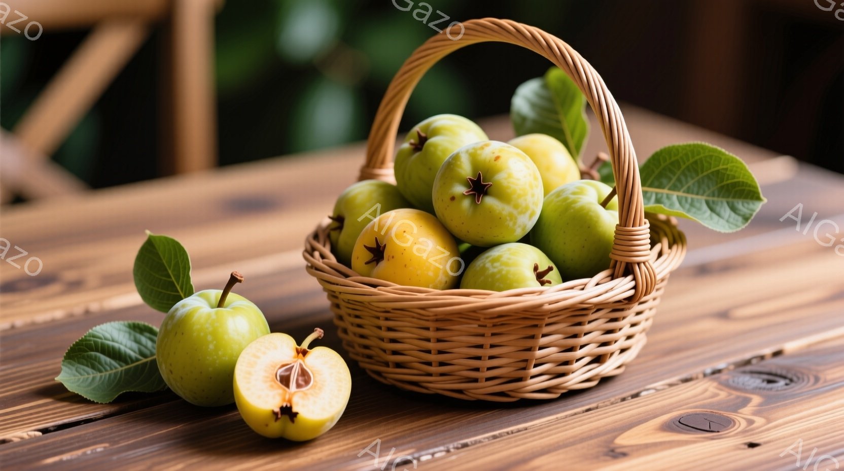 籐編みのバスケットの中に、緑色のマルメロがたっぷり入っています。バスケットの周りや手前には、葉と半分に切られたマルメロが置かれており、木製のテーブルの上に配置されています。全体的に暖色系の色調で、秋の - AI生成フリー素材