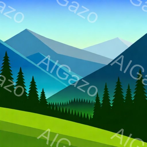 緑色の牧草地と背の高いコニファーの木々が描かれた、鮮やかな山の風景です。山々は段階的に色調を変えながら遠くへと連なり、空は淡い青色で、全体的に穏やかで平和な雰囲気を作り出しています。シンプルな色使いと - AI生成フリー素材