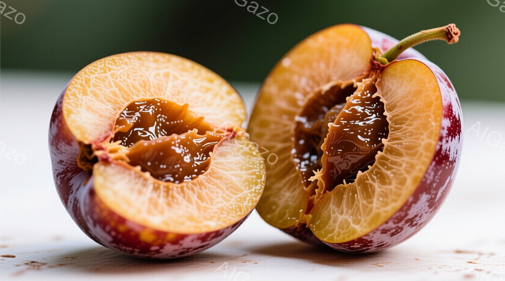 鮮やかな紫色をしたプラムが半分に割れて、その断面が画面いっぱいに広がっている。果肉は黄金色で、種を取り除いた跡が見て取れる。背景はぼやけた白っぽい木目で、果実が引き立てられている。