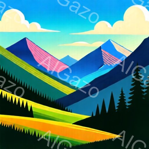 鮮やかな色彩で表現された山と草原の風景です。山は青や紫、ピンクのストライプ模様で、草原は黄色から緑へとグラデーションがかかっています。背景には明るい青空と白い雲が描かれ、全体的に明るく穏やかな雰囲気を - AI生成フリー素材