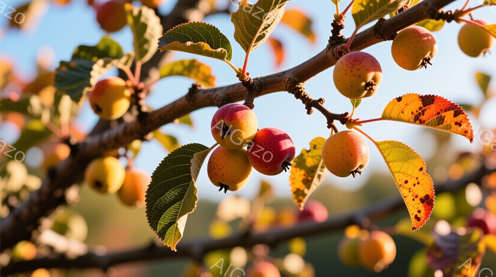 枝には、様々な色合いの小さなリンゴが実っています。赤、黄色、オレンジ色のリンゴは、緑の葉に囲まれており、秋の収穫の様子を連想させます。背景はぼやけており、自然の中で撮影された暖かい光の雰囲気が感じられます。