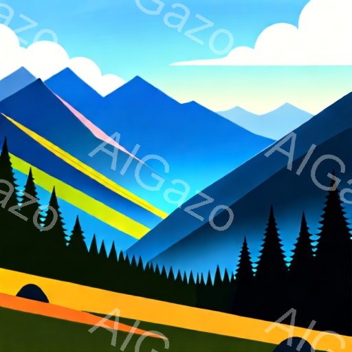 鮮やかな青と緑を基調とした風景画で、遠景には尖った山々が連なり、山肌にはグラデーションがかかっています。手前には暗い緑色の針葉樹林が並び、その間を明るいオレンジ色の道が横切っています。空は水色で白い雲が浮かび、全体的にシンプルながらも力強い自然の美しさを表現しています。