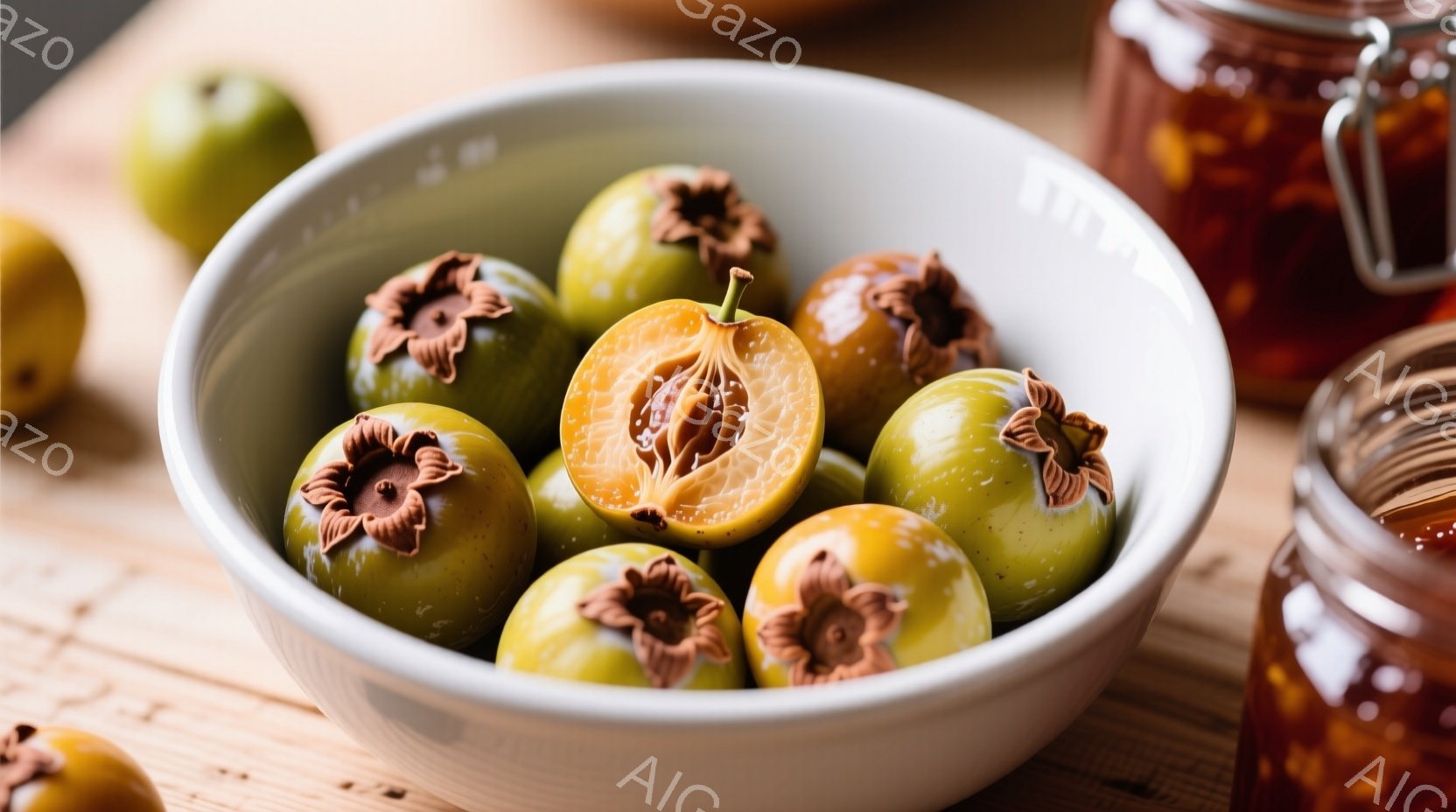 白いボウルの中に柿がいくつか入っており、そのうちの一つは半分に切られて中身が見えている。背景には木製のテーブルと、オレンジ色のジャムが入った瓶が見え、秋の収穫を連想させる温かみのある雰囲気である。柿の鮮やかな緑色とジャムのオレンジ色が、食欲をそそる色彩を添えている。